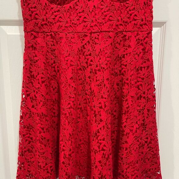 Lulu's Red Crochet Lace Bustier Skater Dress Size Large - Picture 4 of 10